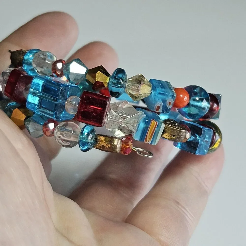 Blue Red Gold Tone Glass Beaded Wrap Bracelet